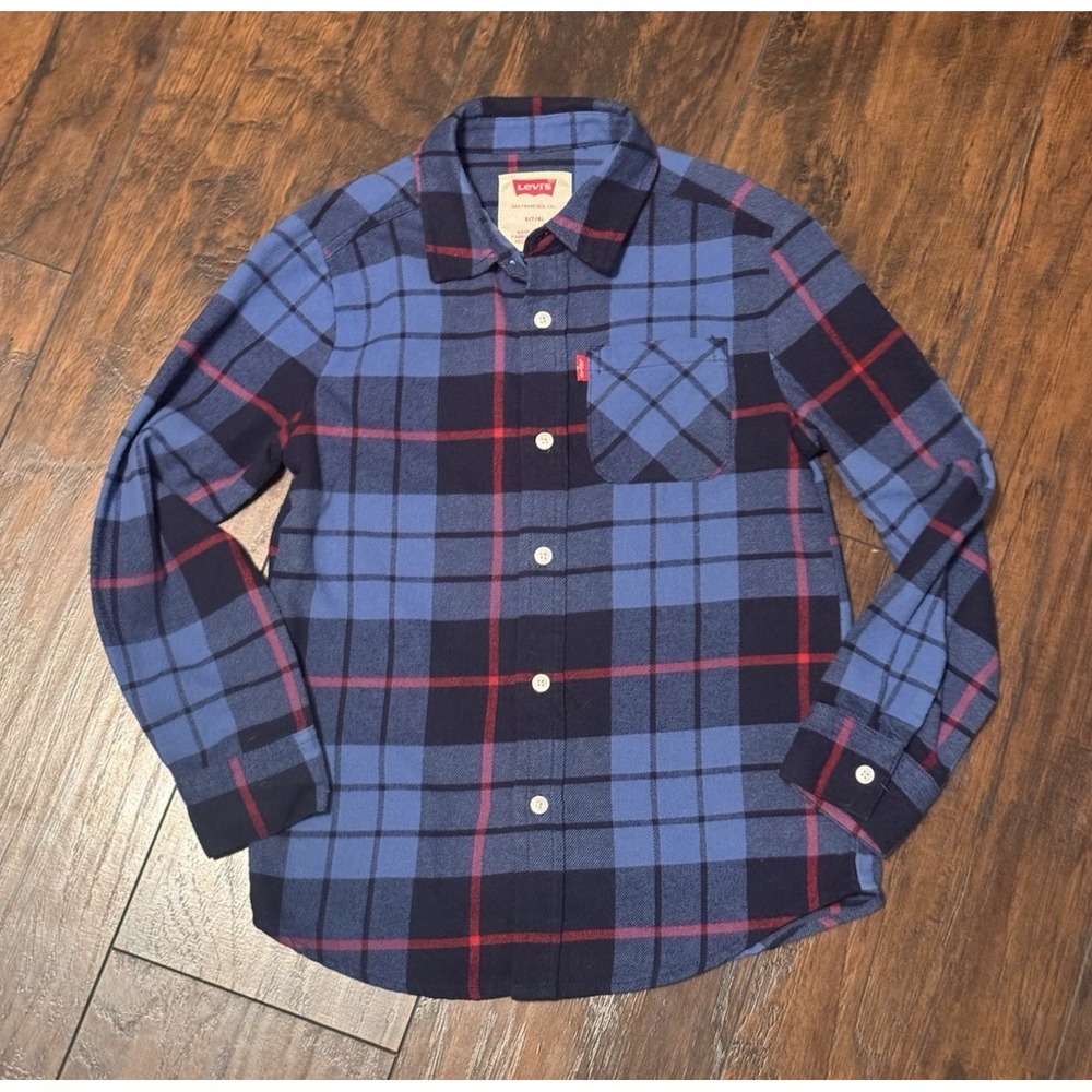 Levis Kids Blue Plaid Long Sleeve Button Down Flannel Shirt Size S 7/8